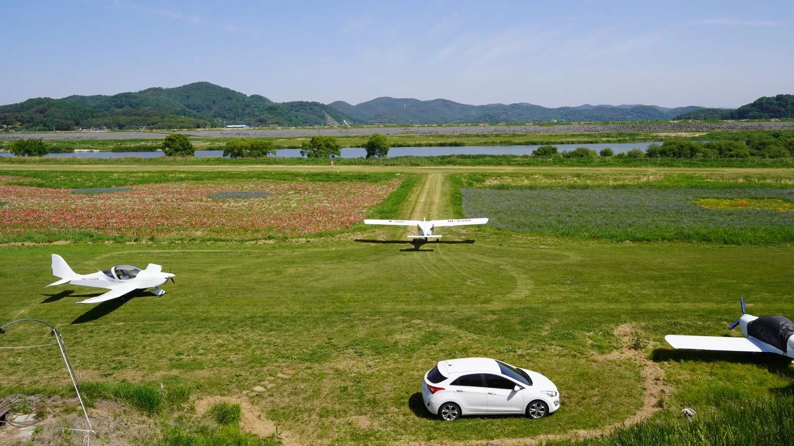 Aviões pequenos estacionados em pista de grama de um aeroclube