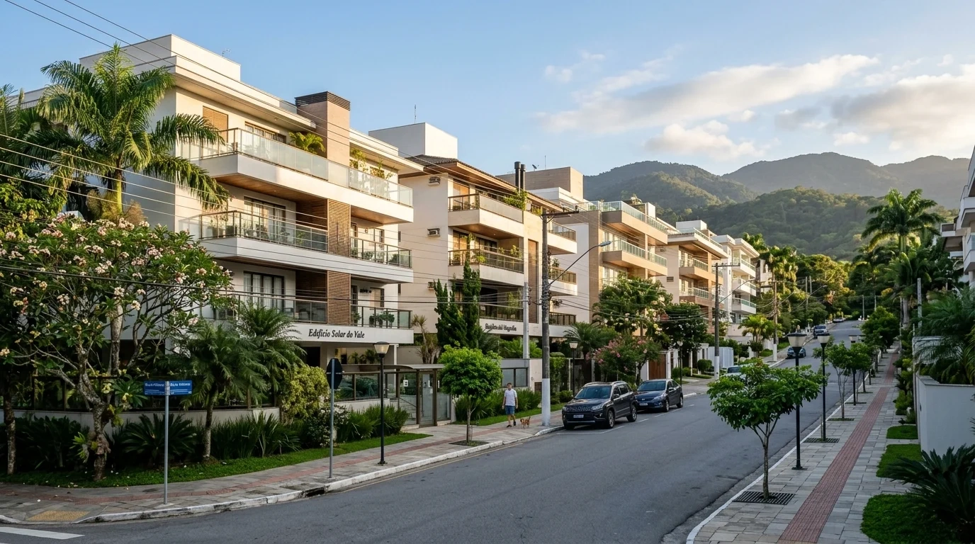 Rua arborizada e edifícios residenciais no bairro Bela Vista em Volta Redonda