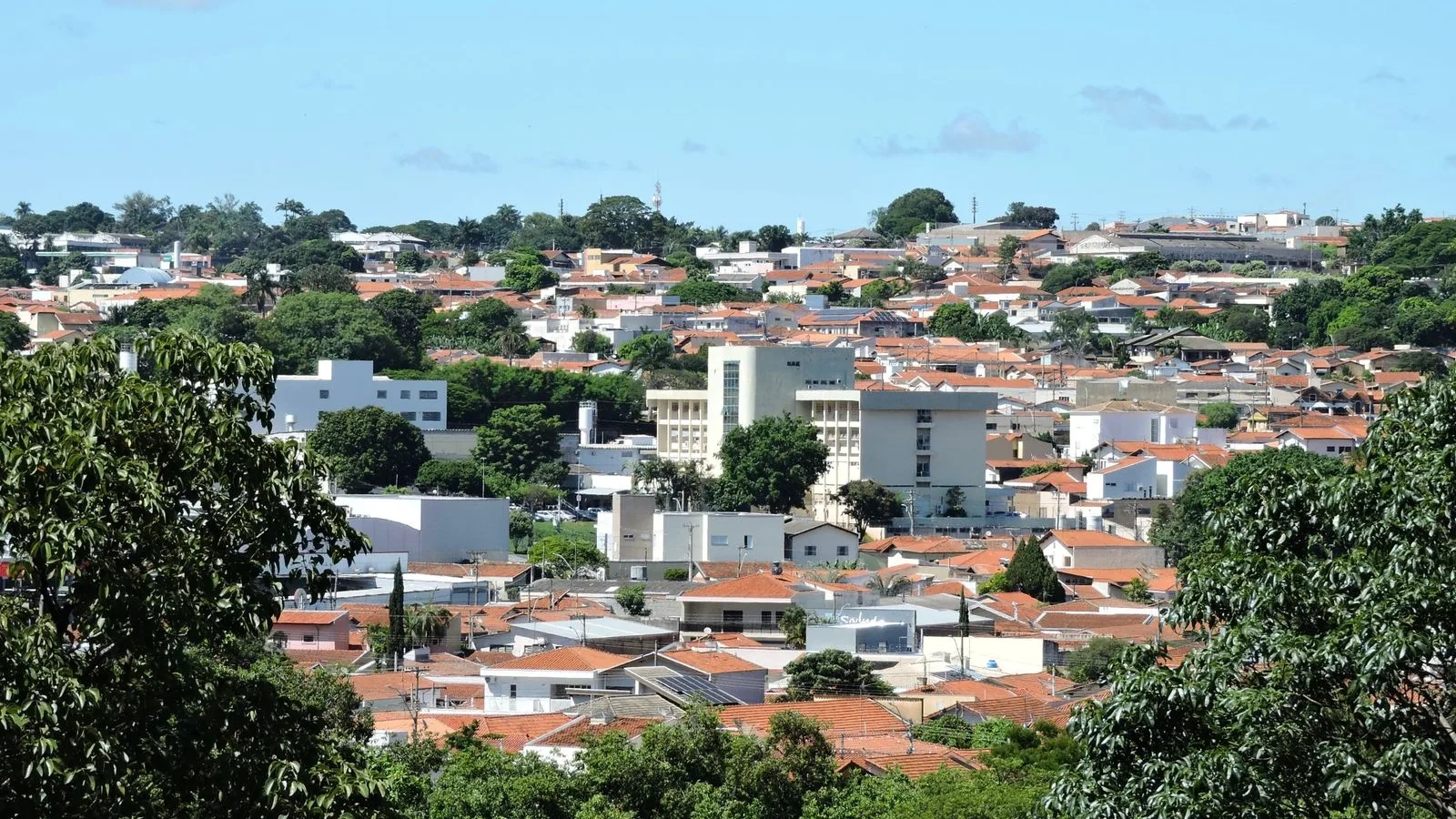 Vista panorâmica de uma cidade de porte médio cercada por vegetação